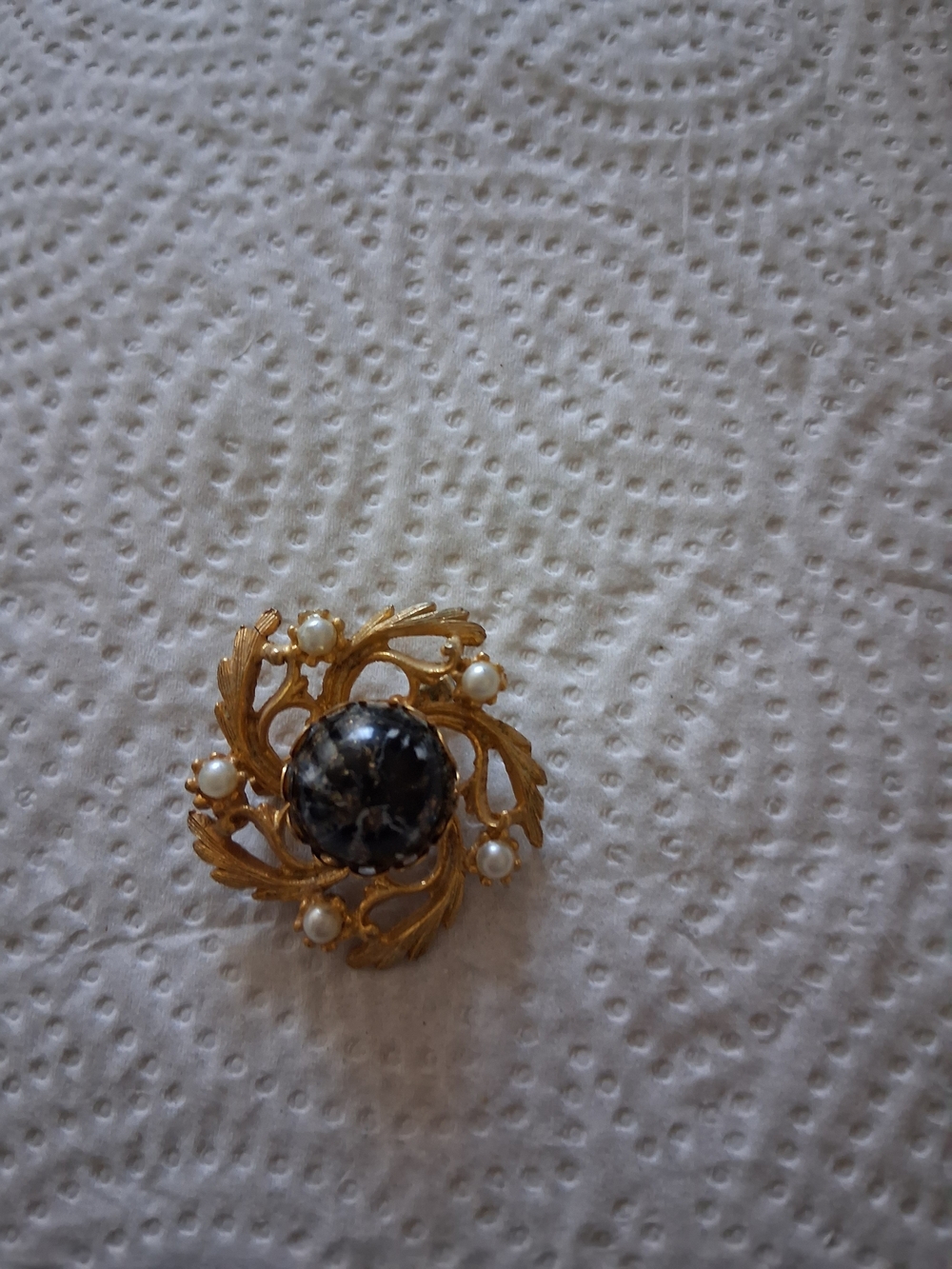 Gold-Tone Floral Pearl Brooch with Black Marbled Center Sell As It Is